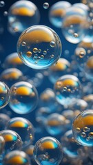 Naklejka premium Transparent bubbles with golden liquid inside floating in blue background. Abstract macro shot of oil and water mixture with reflections