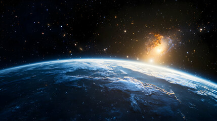 Obraz premium Blue Planet Earth and Distant Galaxy with Bright Light in Cosmic Night Sky