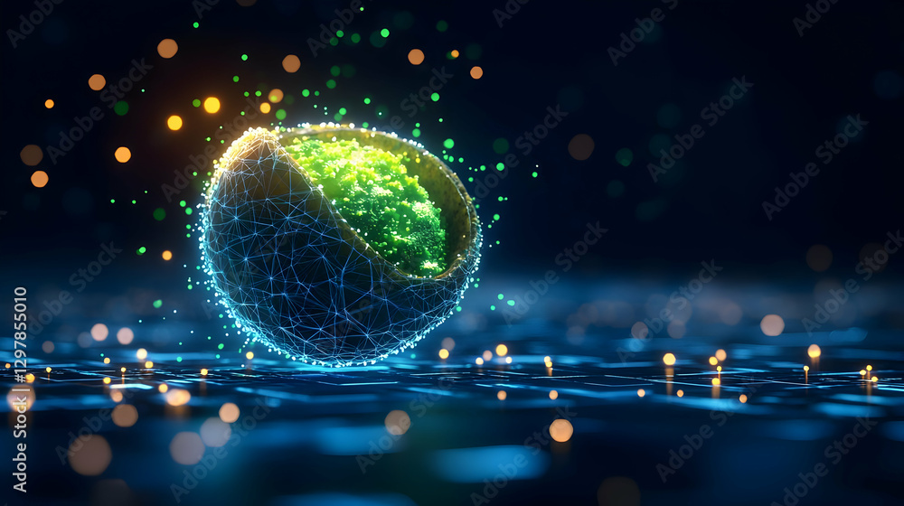Poster abstract digital sphere with glowing particles and geometric pattern in dark blue background