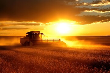Obraz premium Harvesting wheat under the vibrant colors of a North Dakota sunset.