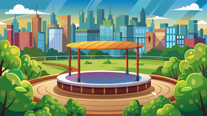 Urban Park Platform Scene: Circular Stage Overlooking Greenery and Cityscape Photography