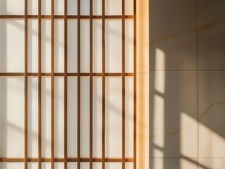 Warm golden hour light filtering through minimalist paper screens, creating a tranquil, airy aesthetic