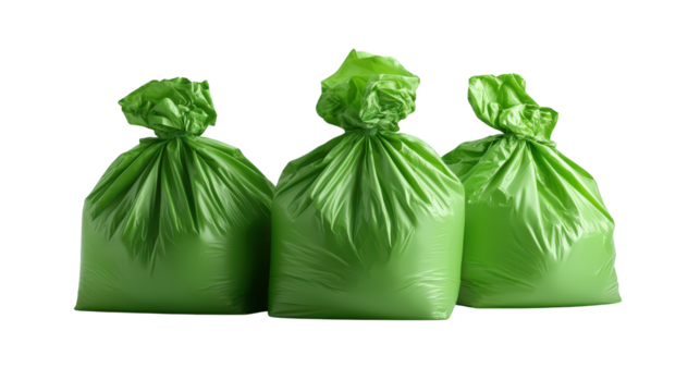 Three green garbage bags, proper waste disposal and recycling practices for a cleaner environment