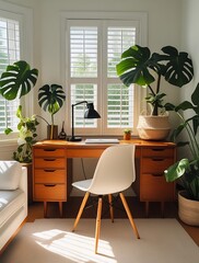 Fototapeta premium Bright and cozy home office with a wooden desk, white chair, large windows, and lush green plants, creating a modern and inspiring workspace with natural light and minimalistic decor
