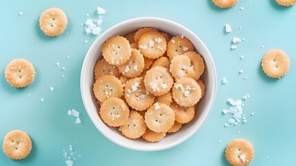 Naklejka premium bowl of salty crackers on blue background