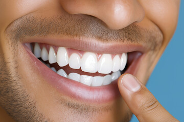 Fototapeta premium Close-up of a smiling man pointing at his perfect white teeth, close-up on a blue background, a stock photo for a dental clinic advertisement. This award-winning shot has a hyper-r