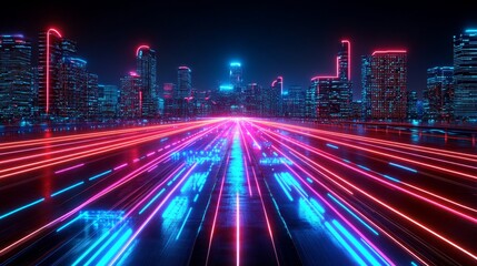 Fototapeta premium Futuristic urban landscape with glowing trails of light and cybernetic cityscapes under a dark sky creating a vibrant technological panorama