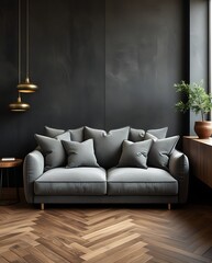Modern minimalist living room with a dark gray sectional sofa, wooden floor, elegant pendant lights, and cozy decor, creating a stylish and sophisticated interior design with warm lighting

