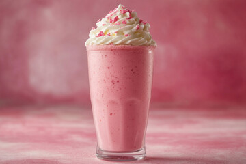 Pink drink topped with whipped cream and candy.