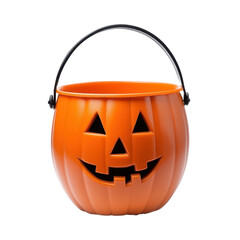 Bright orange pumpkin bucket, playful Halloween decoration with carved face, perfect for candy collection during festivities. Isolated on white background or PNG