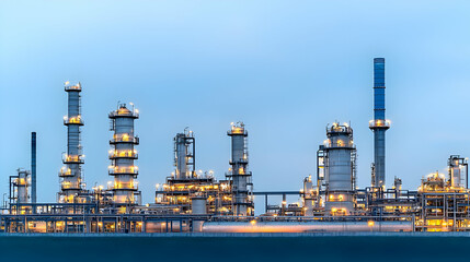 Obraz premium Illuminated Industrial Complex At Dusk With Steel Structures And Blue Hued Sky