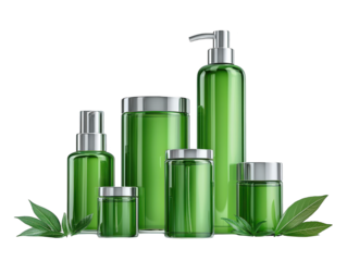 Green cosmetic bottles with leaves, discover the essence of natural skincare and beauty