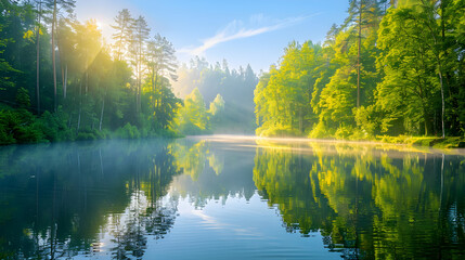 Early Morning Tranquility: Misty Forest Lake with Reflections and Golden Sunlight