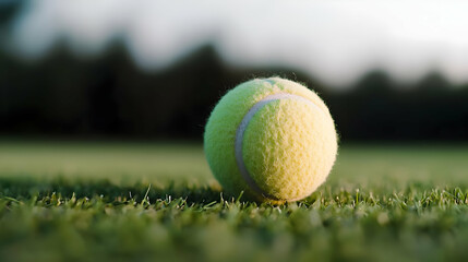 Close Up View Of Tennis Ball Resting On Green Grass Court With Blurred Background
