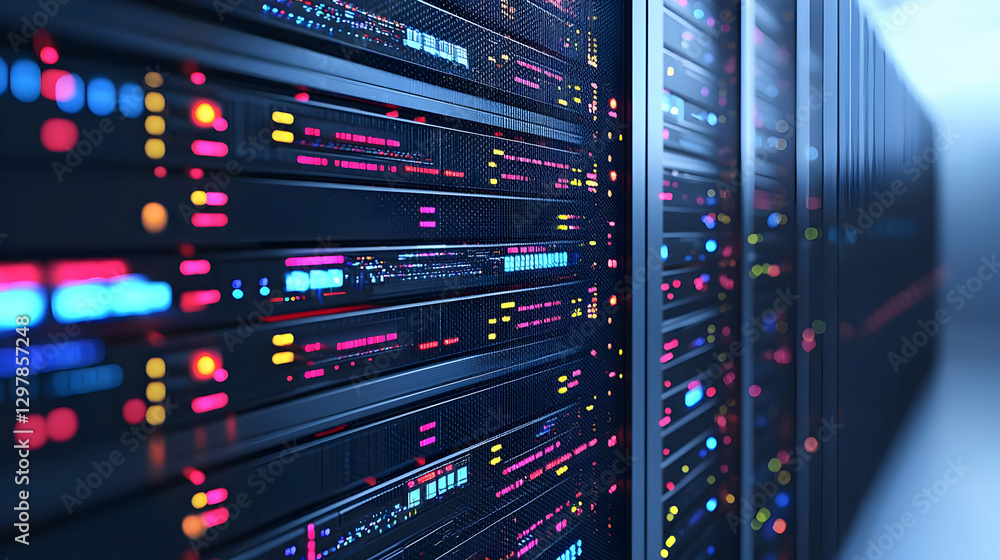 Poster data center server racks with glowing lights and technology background