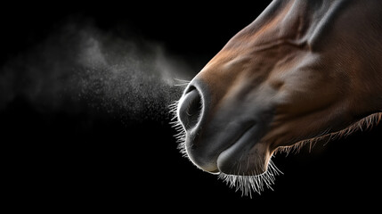 Obraz premium The Intensity of the Race - A close-up of a horseâs mouth, its breath visible in the cool air, sweat glistening on its coat.