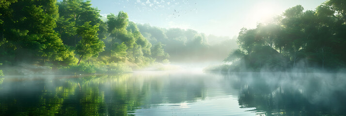 Early Morning Tranquility: Misty Forest Lake with Reflections and Golden Sunlight