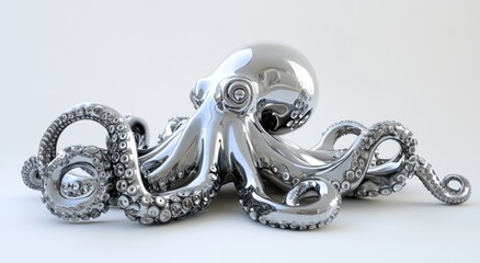 Obraz premium Chrome octopus sculpture, shiny, metallic, 3D render.