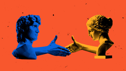 Antique statues shaking hands in artistic bold colors, representing partnership, business deal, strategic alliances. Pop art collage. Photocopy effect. Concept of corporate diplomacy, , innovation.