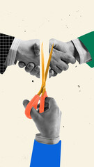 Business partnership breaking apart. Hands shaking while golden scissors sever connection....