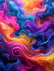 Fototapeta premium Vibrant abstract waves of colorful flowing fabric texture with dynamic movement, blending shades of blue, pink, orange, and purple, creating a mesmerizing and artistic digital background