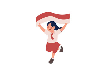 Elementary School Girl Raising Indonesian Flag Illustration
