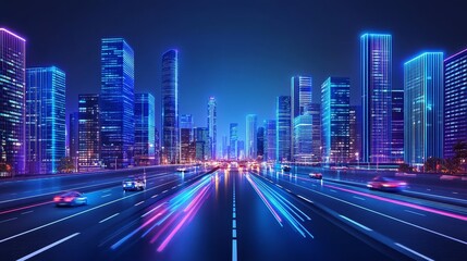 Obraz premium Futuristic cityscape neon nightscape visual of luminous urban skyline with road light trails and abstract building architecture design