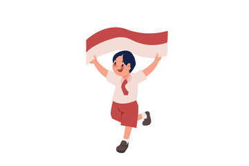 Elementary School Boy Raising Indonesian Flag Illustration