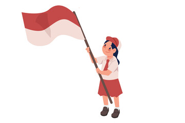 Elementary School Girl Raising Indonesian Flag Illustration