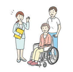 ケアマネージャーから説明を受ける高齢女性と介護士イラスト