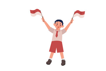 Elementary School Boy Raising Indonesian Flag Illustration