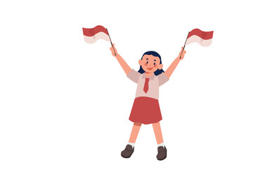 Elementary School Girl Raising Indonesian Flag Illustration