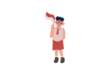 Elementary School Boy with Glasses Raising Indonesian Flag Illustration
