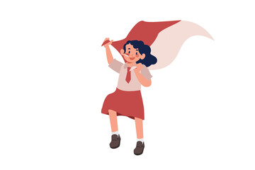 Elementary School Girl Raising Indonesian Flag Illustration