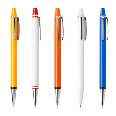 Fototapeta premium Colorful pens arranged in a row, vibrant stationery items showcasing red, blue, yellow, orange, and white, ideal for creative projects. Isolated on white background or PNG