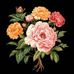Vibrant pink, orange peonies bouquet.