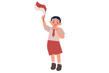 Elementary School Boy Raising Indonesian Flag Illustration
