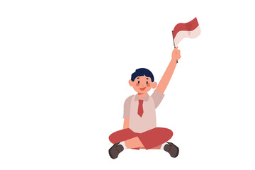 Elementary School Boy Raising Indonesian Indonesian Flag Illustration