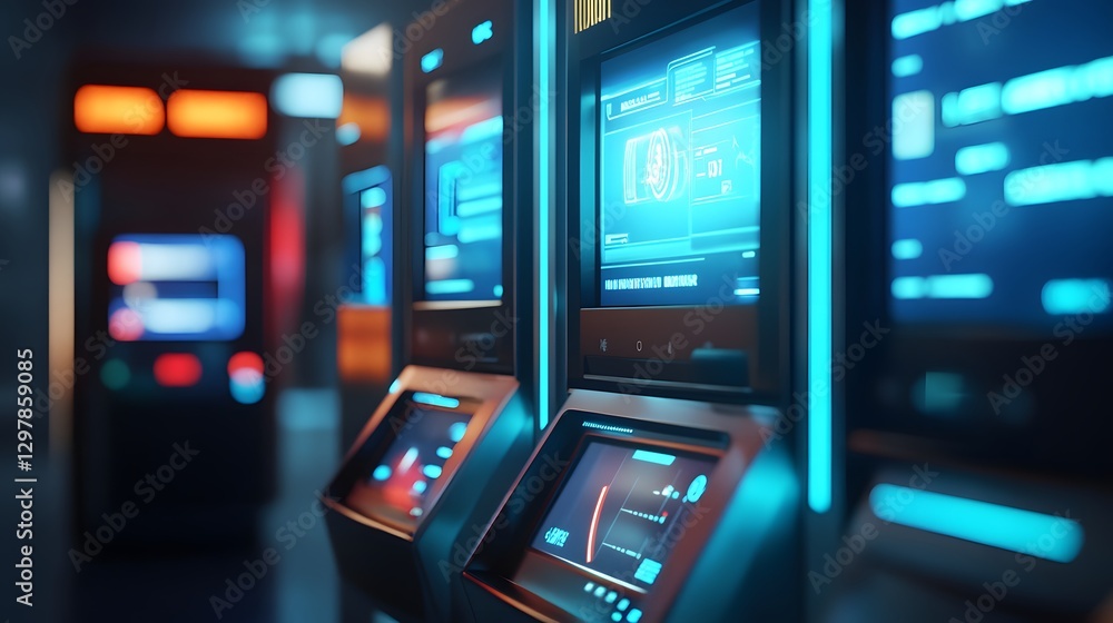 Poster cyberpunk futuristic interfaces: a futuristic cyberpunk scene showcases a row of interactive interfa
