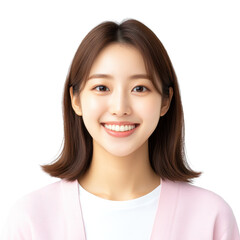 Fototapeta premium Cheerful young woman smiling warmly, Asian female in casual attire with soft lighting, suitable for personal branding or friendly content. Isolated on white background or PNG