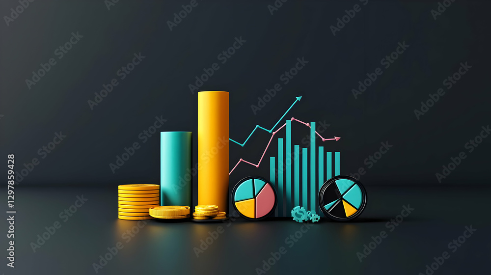 Poster colorful digital charts and graphs representing business and financial data on dark background