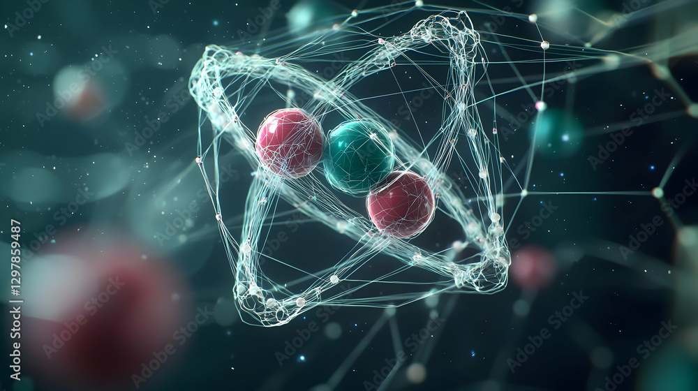 Poster abstract digital representation of molecule structure with red and green spheres inside a geometric 