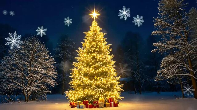 Illuminated Christmas Tree with Gifts in Winter Snow at Night suitable for Christmas celebrations, video footage, and social media posts