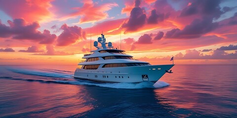 Naklejka premium Luxury yacht cruising on calm ocean waters during a breathtaking sunset, reflecting vibrant colors in the sky, symbolizing opulence, relaxation, and adventure in a tropical paradise