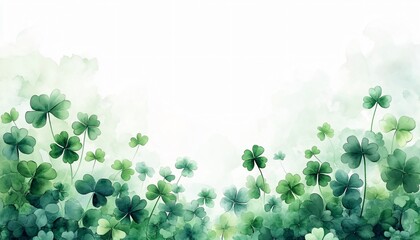 Fototapeta premium Close-up of lush green clovers in soft watercolor style, perfect for St. Patrick's Day cards, nature-themed promotions, or any design evoking good fortune.
