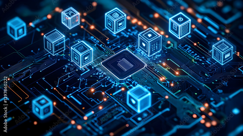Poster abstract digital network circuit board with neon blue cubes representing data connections