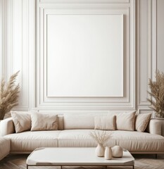 Beige living room mockup with empty frame