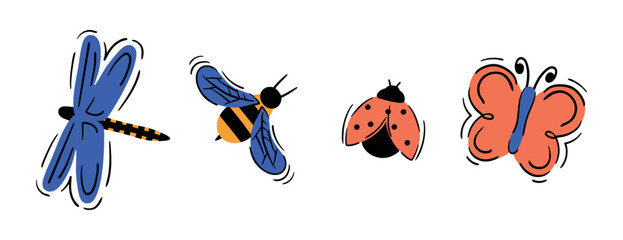 Set of insects in doodle style. Hand drawn butterfly, dragonfly, bee, ladybug. Vector illustration isolated on white background © Maria