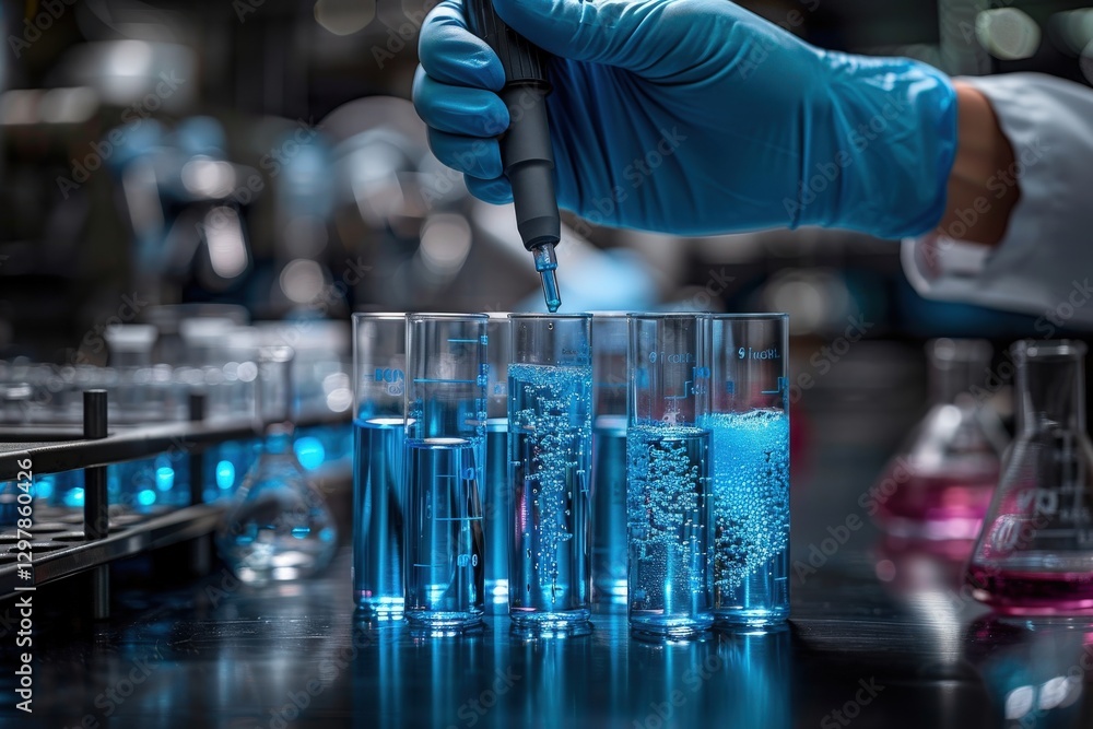 Poster close-up of gloved hands using a pipette to add a blue liquid to test tubes in a laboratory setting.