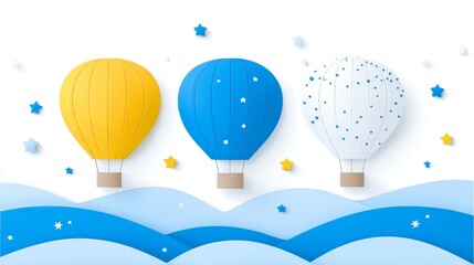 Naklejka premium Whimsical paper balloons floating above pixelated clouds charming decorative illustration dreamlike quality for imaginative projects